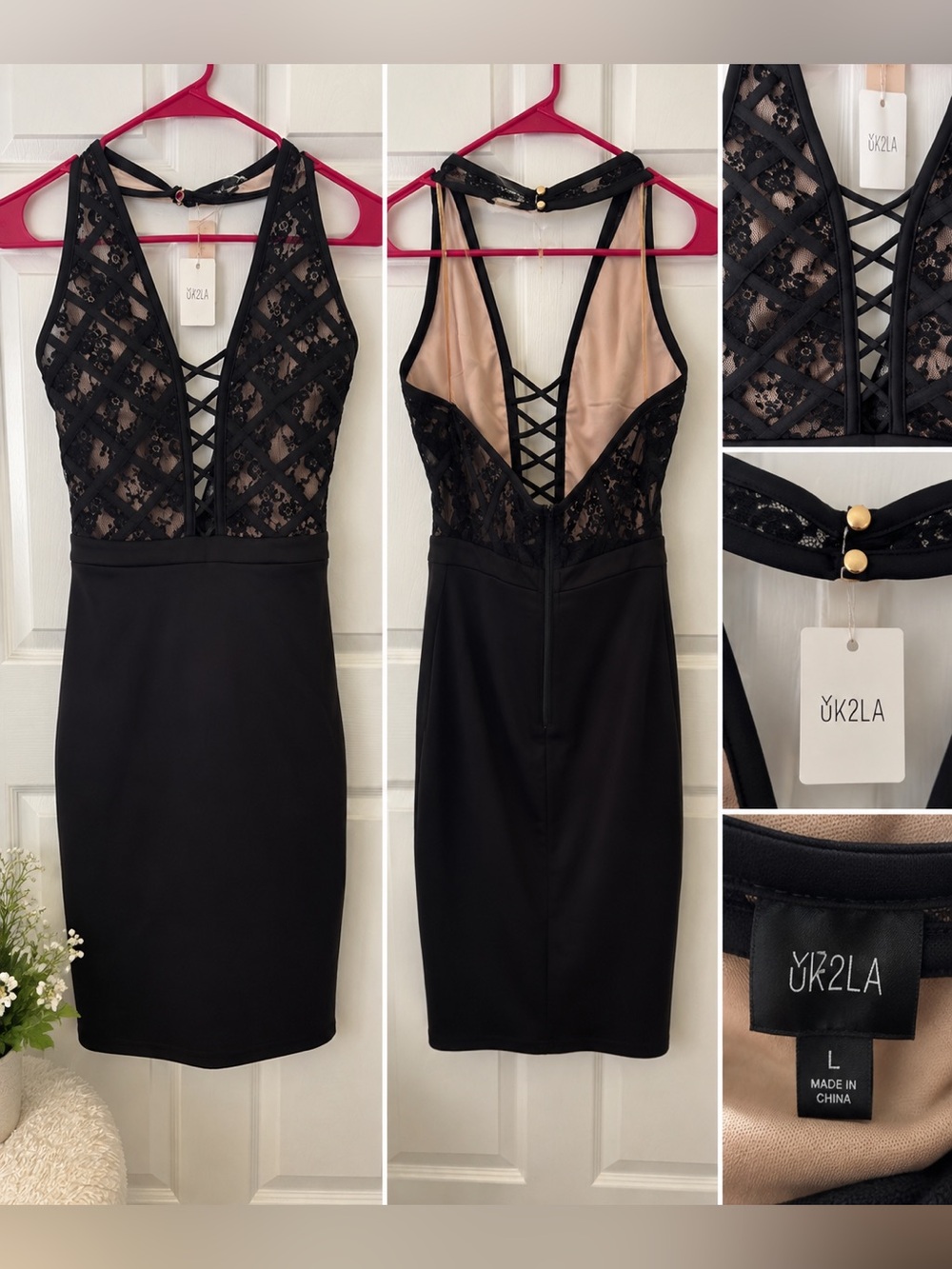 UK2LA Black Lace with Nude Lining Strapless Bodycon Dress